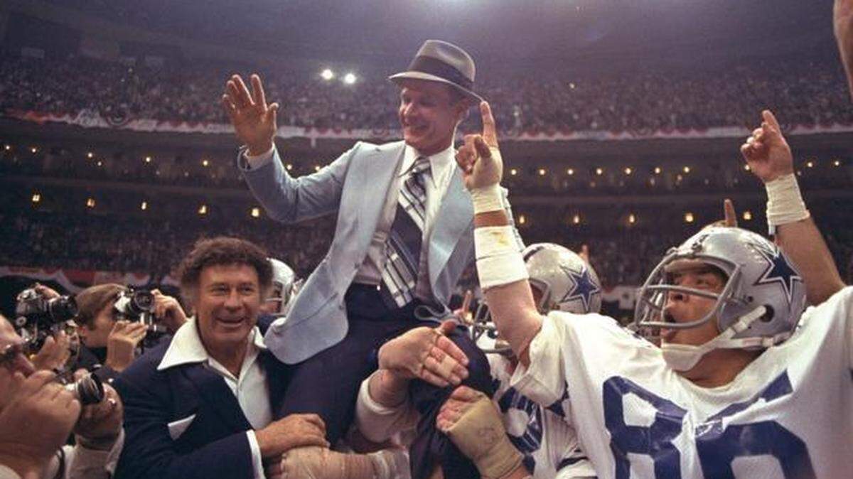 
Tom Landry is carried off the Louisiana Superdome field after the Cowboys beat the Broncos 27-10 in Super Bowl XII for their second championship in January 1978.