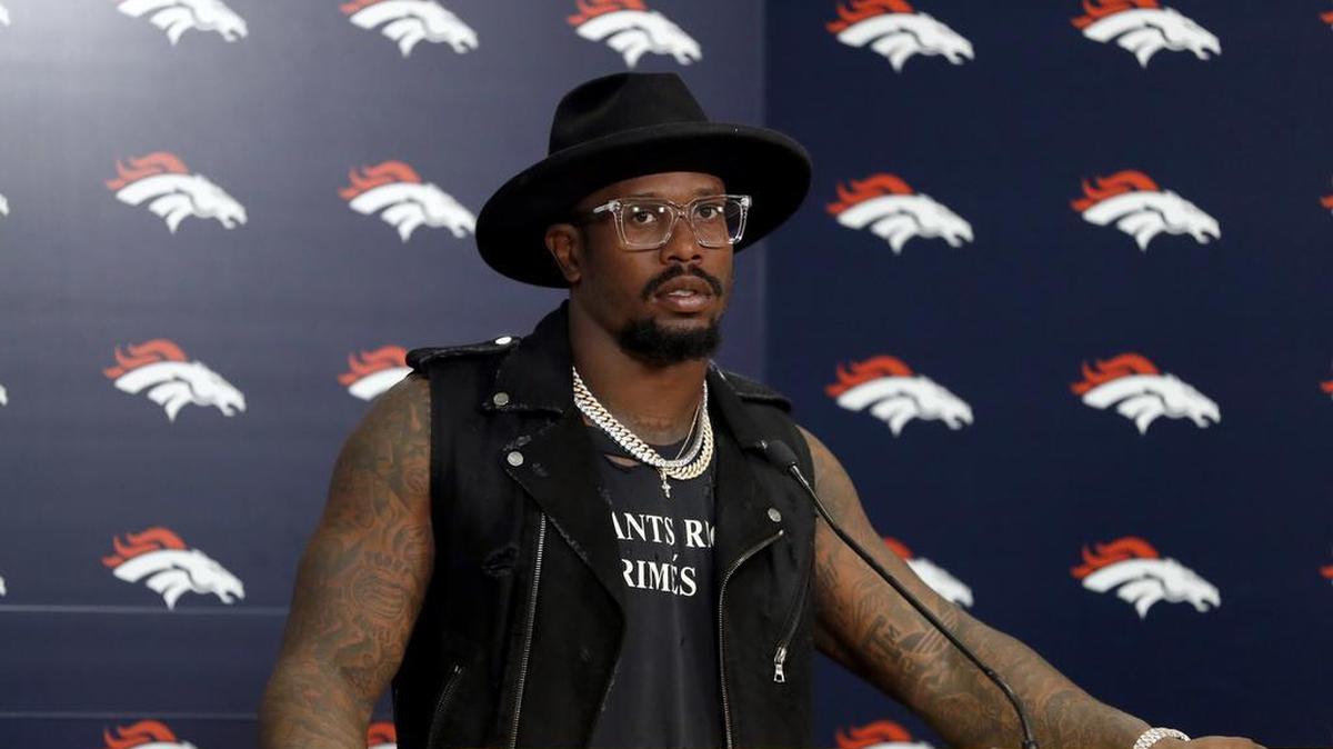Denver Broncos outside linebacker Von Miller speaks Monday night after the game against the Los Angeles Chargers. Miller, the Texas A&M standout who has gone on to star with the Broncos, served a six-game suspension in 2013 for violating the NFL’s substance abuse policy and says he can relate to the situation Cowboys running back Ezekiel Elliott is in.
