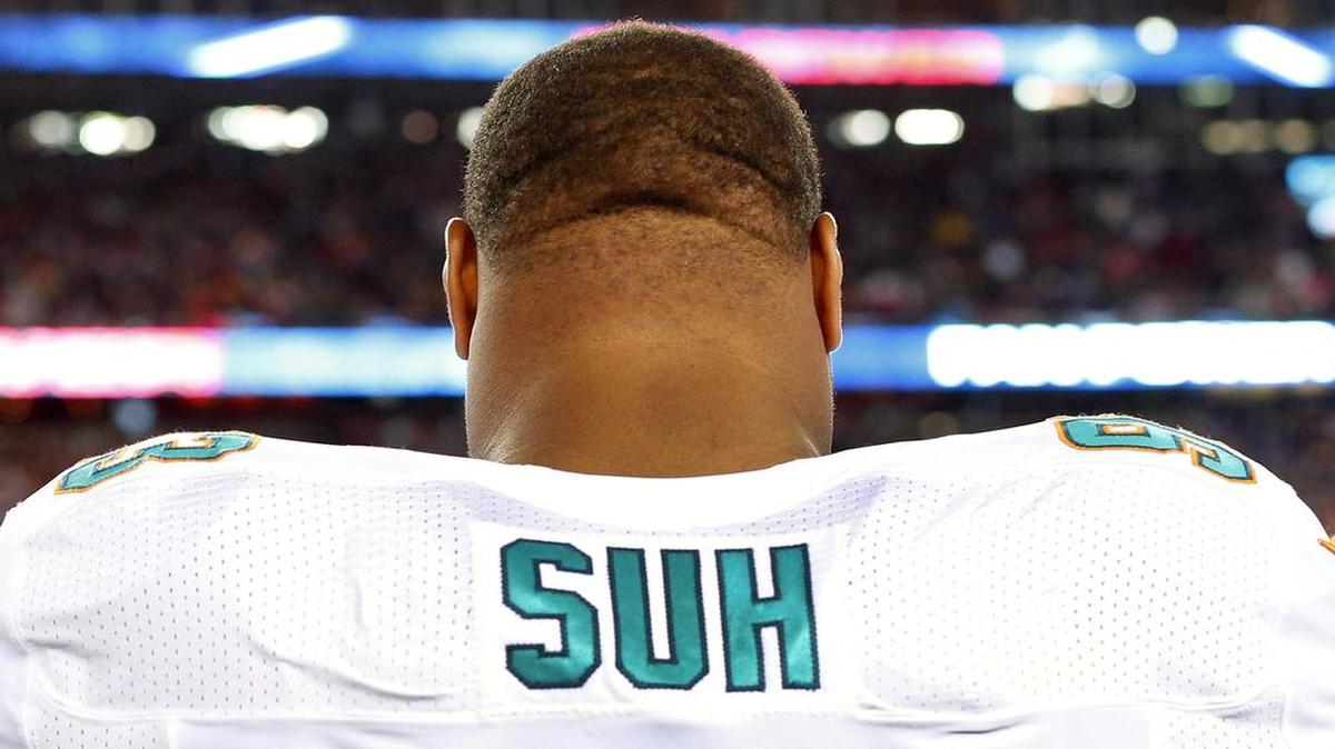 Dolphins defensive tackle Ndamukong Suh has four sacks, four passes defensed and 30 tackles this season. “He is a menace,” says Miami coach Dan Campbell.