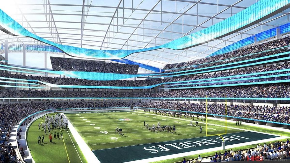 A rendering by HKS Sports & Entertainment shows a proposed NFL stadium in Ingewood, Calif. NFL owners voted Tuesday to allow the St. Louis Rams to move to a new stadium just outside Los Angeles. The San Diego Chargers will have an option to share the facility.
