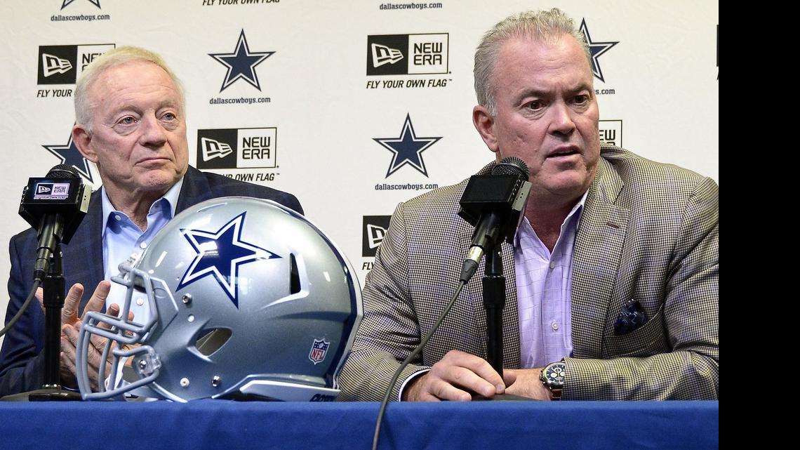 
Cowboys owner Jerry Jones and Cowboys executive vice president Stephen Jones talk to the media during the Cowboys pre-draft news conference at Valley Ranch.
