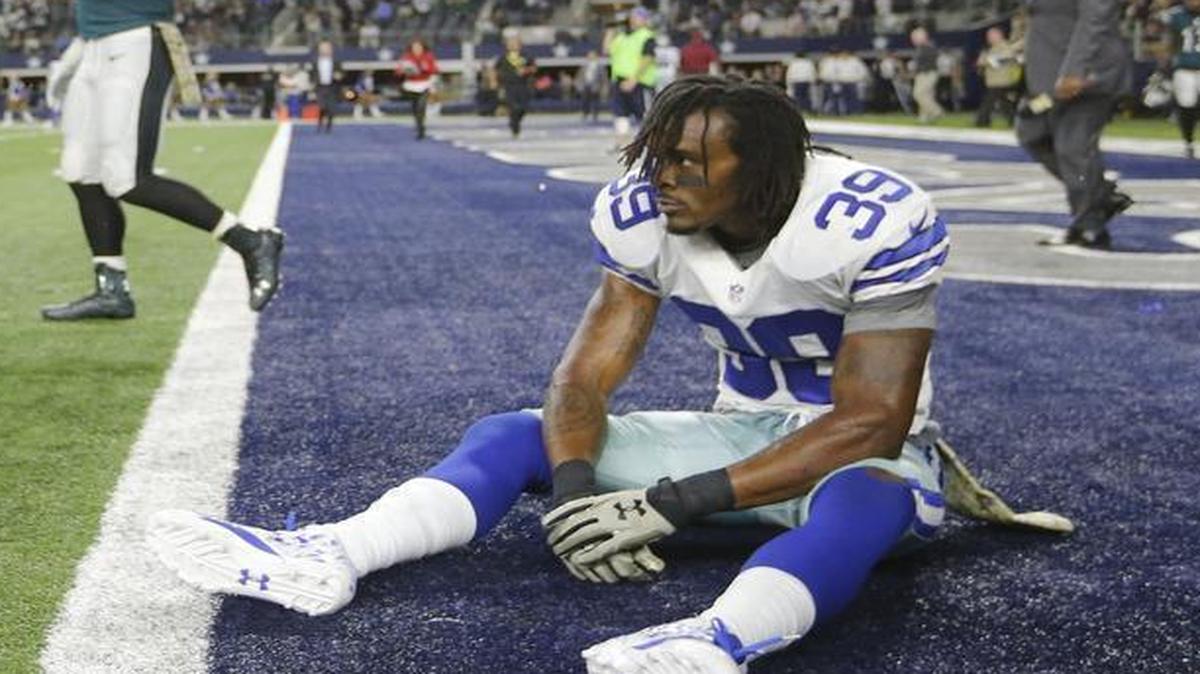 Dallas Cowboys cornerback Brandon Carr shows his dejection sitting in the end zone after the Philadelphia Eagles beat the Dallas Cowboys 33-27 in overtime at AT&T Stadium on Nov. 8. Carr has a base salary of $9.1 million and counts $13.8 million against the salary cap. He could be released by the Cowboys as they go into the free-agency period.