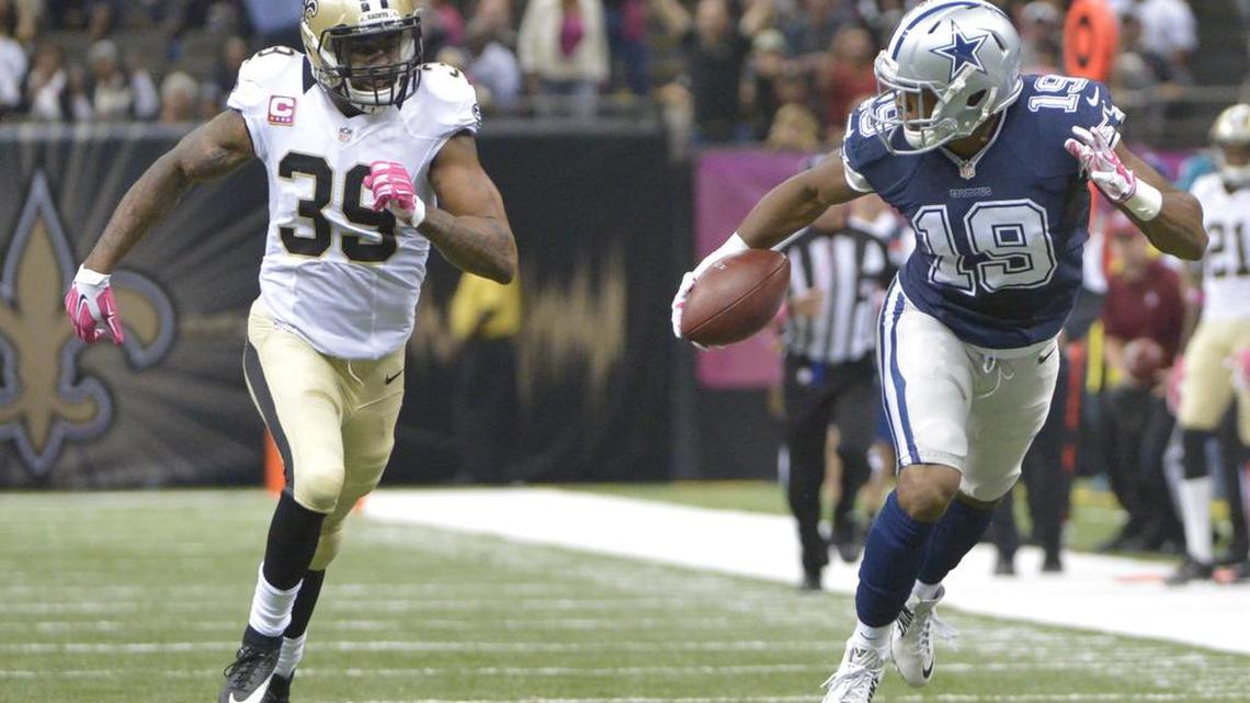 
Cowboys receiver Brice Butler (19) injured his hamstring on the 67-yard catch against the Saints, allowing Brandon Browner to push him out of bounds at the 6.
