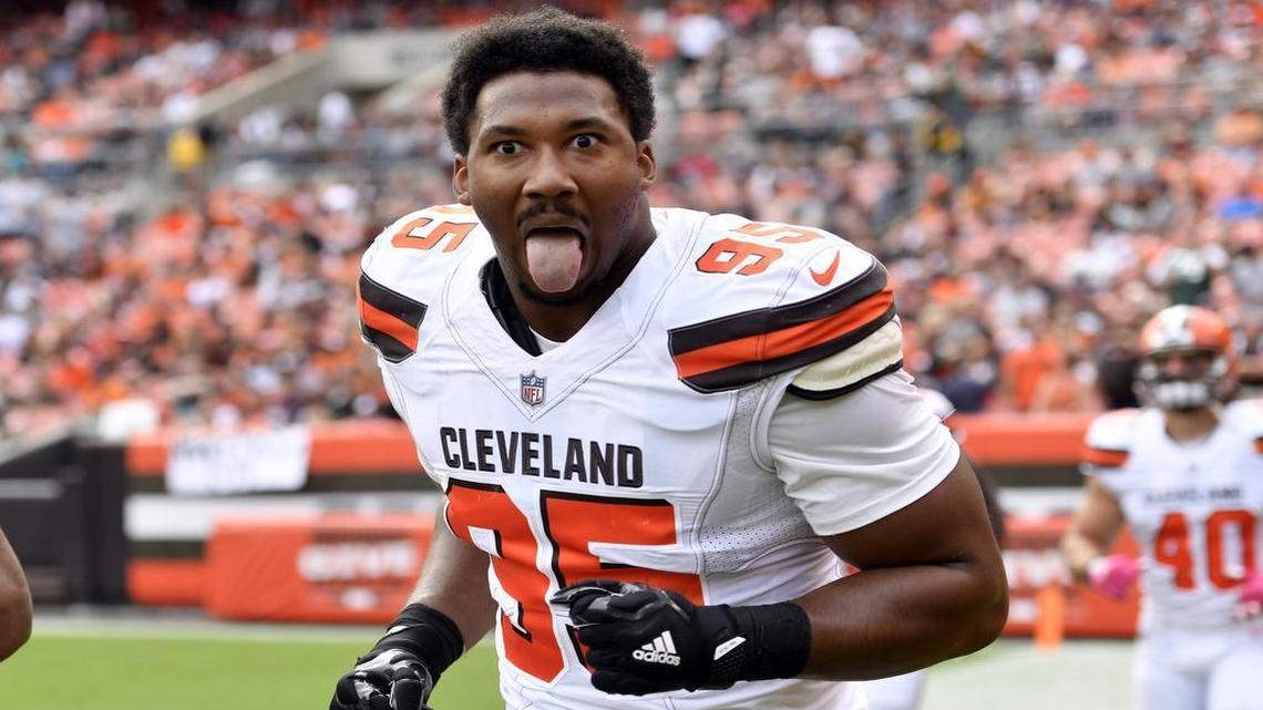 Browns defensive end Myles Garrett mugs for the camera during the second half of the Browns’ 17-10 loss to the New York Jets Sunday, Oct. 8, in Cleveland. Garrett, who attended Texas A&M and Arlington Martin, had two sacks in the game, his NFL debut.