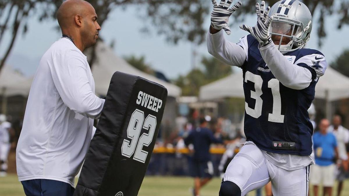 
Dallas Cowboys defensive back Byron Jones, shown during a recent practice, got time at corner and safety in his debut.

