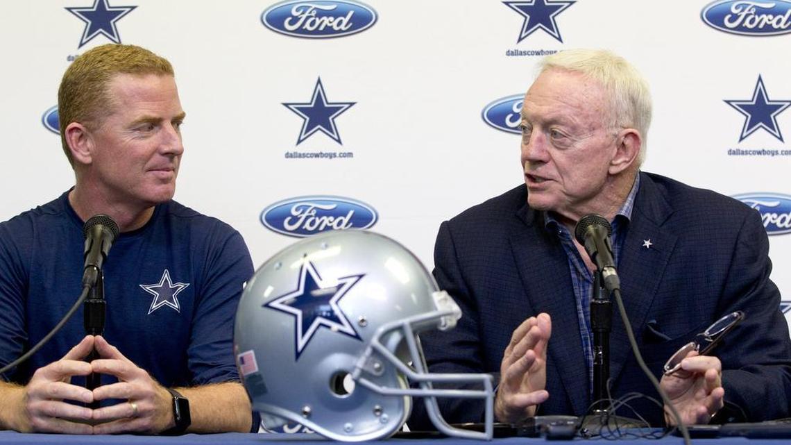 Dallas Cowboys head coach Jason Garrett, left, and Dallas Cowboys owner, president and general manager Jerry Jones are in agreement with the team’s off-season moves.