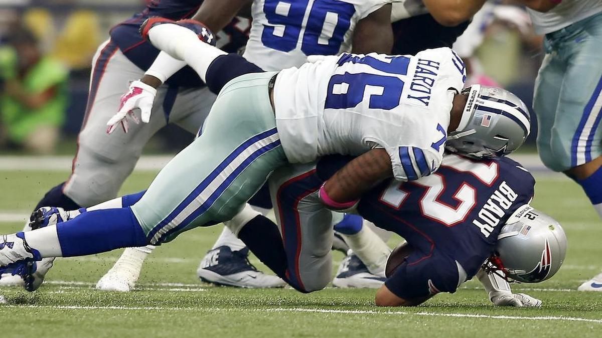 
Cowboys defensive end Greg Hardy made life miserable for Patriots quarterback Tom Brady for much of the game.


