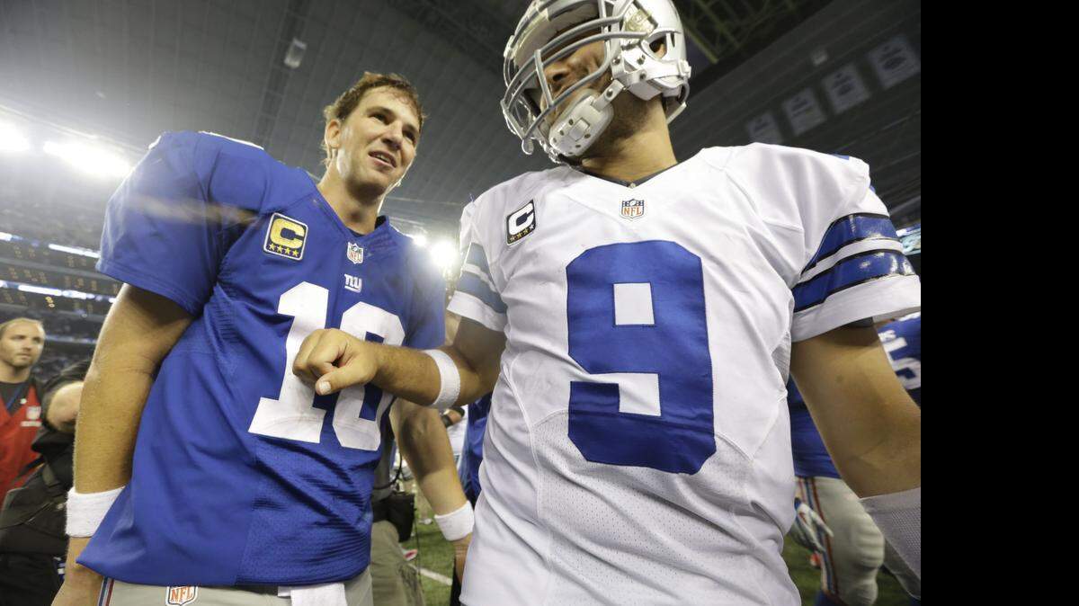 
Eli Manning, left, and the Giants will visit Tony Romo and the Cowboys on Sept. 13 in the 2015 season opener in prime time.



