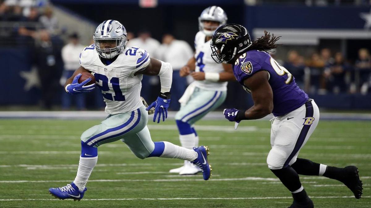 Yards were hard to come by for Dallas Cowboys rookie Ezekiel Elliott in the first half of Sunday’s game against Baltimore at AT&T Stadium.