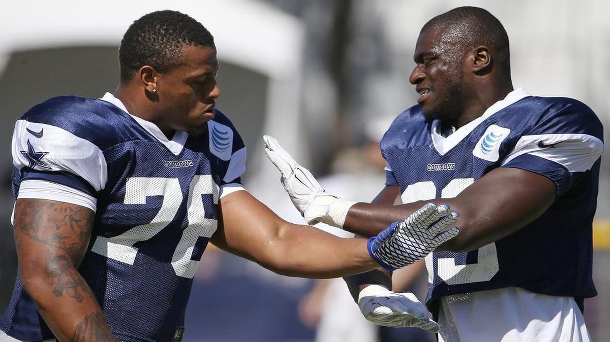 
Dallas Cowboys defensive end Greg Hardy (76) works with Efe Obada on his technique between drills. 
