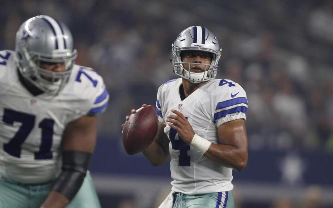 Dallas Cowboys quarterback Dak Prescott (4) looks to pass as Dallas Cowboys offensive guard La’el Collins (71) defends in the first half as Dallas plays Chicago.