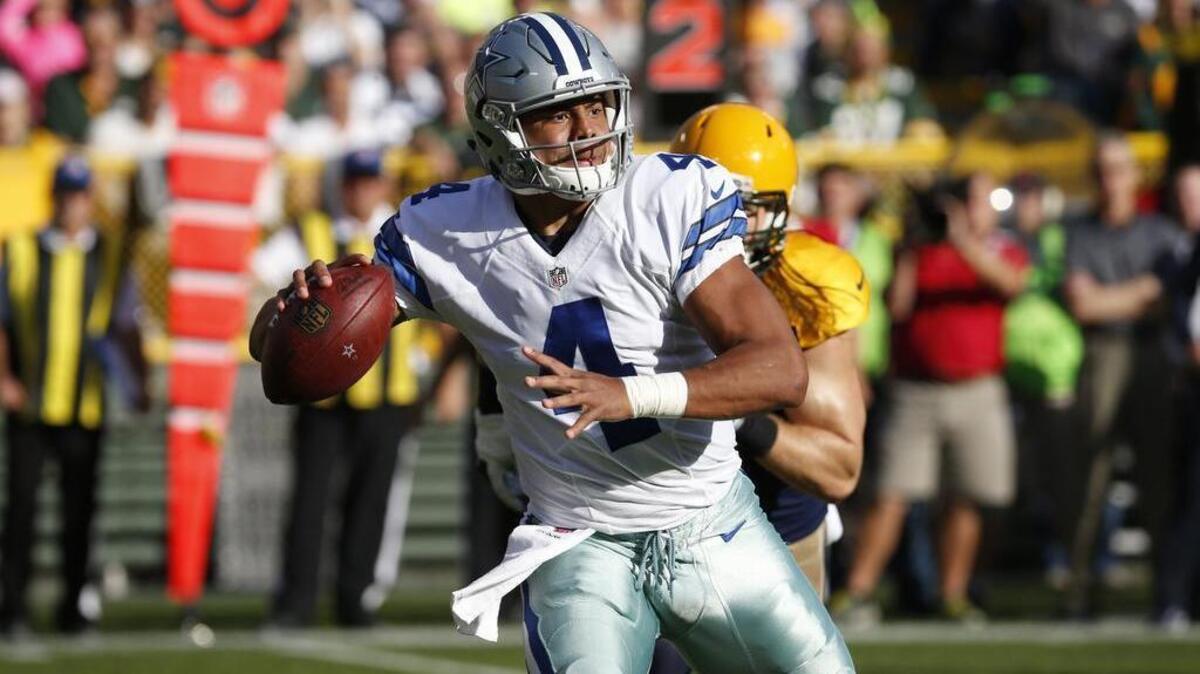 Dak Prescott’s NFL record for passes without an interception to start at career ended at 176 passes. Prescott was intercepted with 20 seconds left in the third quarter.