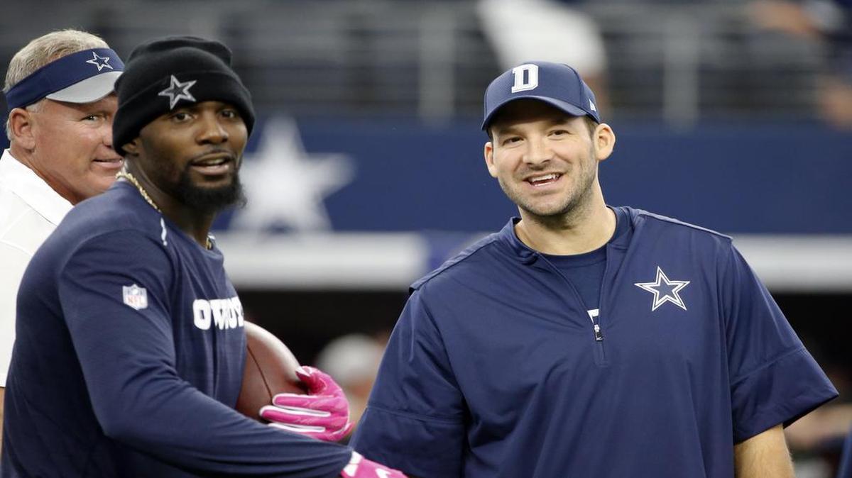 Dallas Cowboys receiver Dez Bryant, left, and quarterback Tony Romo, right, missed Sunday’s game against the Green Bay Packers as both are dealing with injuries. Romo is not expected to return to practice this week or be available for the Cowboys’ next game Oct. 30 against the Philadelphia Eagles.
