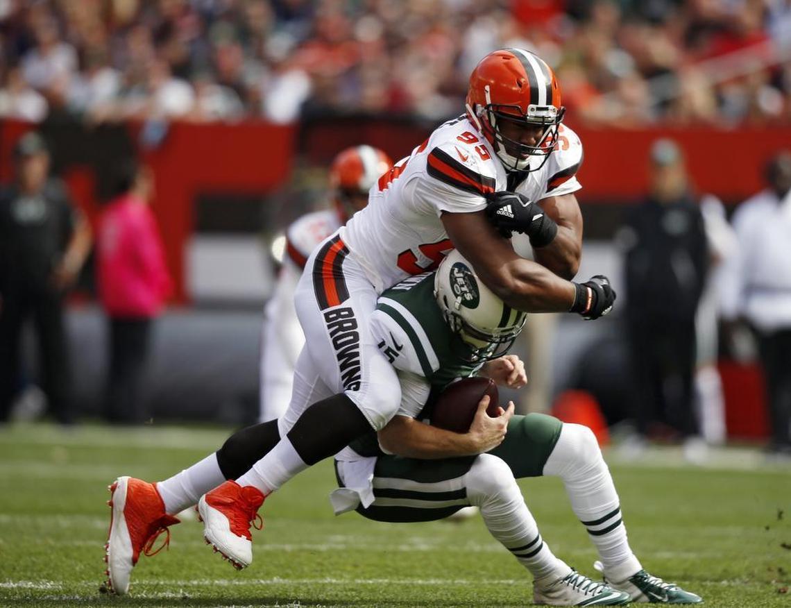 Cleveland Browns defensive end Myles Garrett sacks New York Jets quarterback Josh McCown during the first half of a game on Sunday, Oct. 8, in Cleveland.