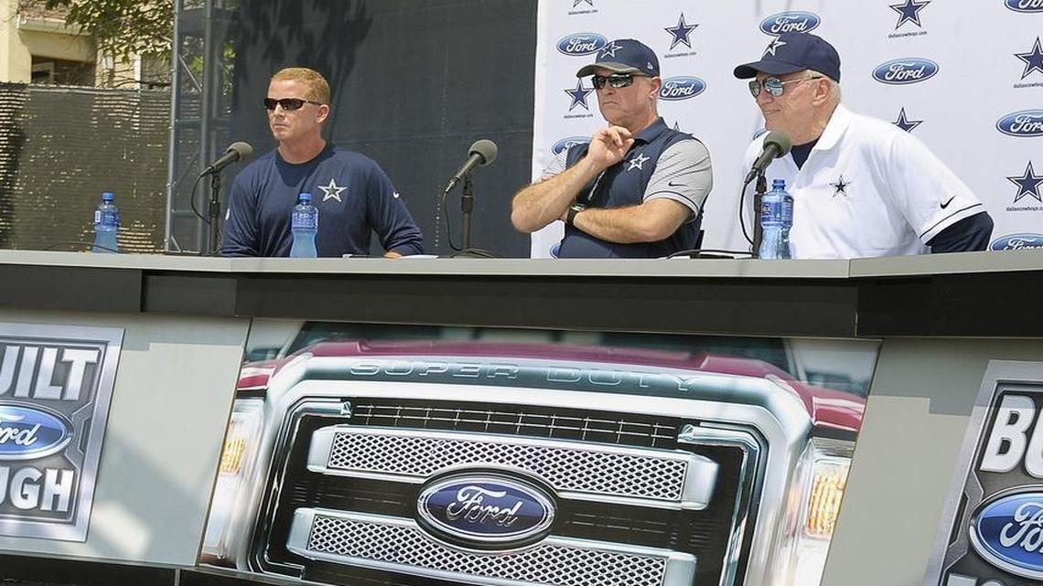 Coach Jason Garrett, left, Stephen Jones, center, and owner Jerry Jones, give the Dallas Cowboys state-of-the-team news conference on Friday.
