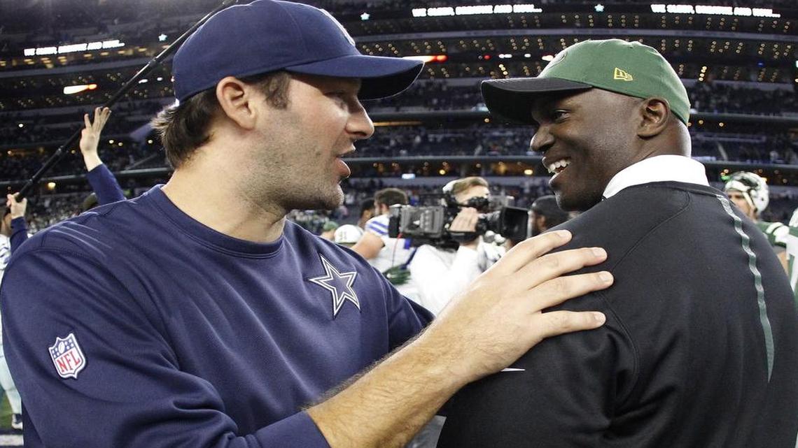 Tony Romo, whose move to injured reserve may be imminent, greets Jets head coach and former Cowboys assistant Todd Bowles.
