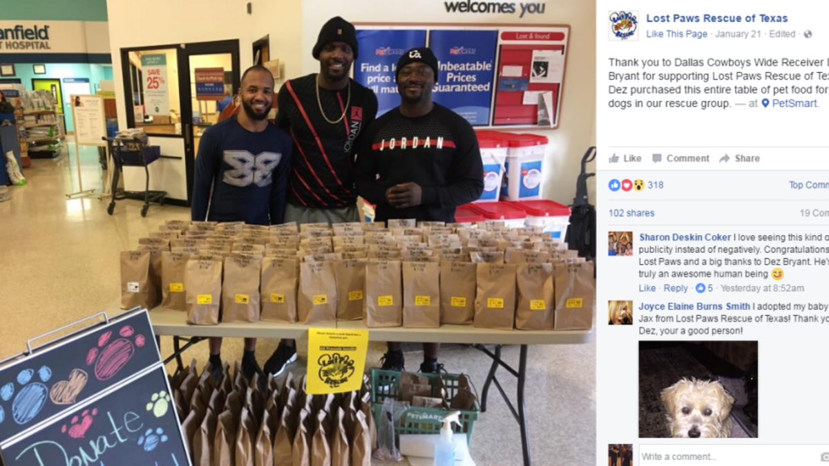 The Lost Paws Rescue of Texas posted a photo on Facebook on Saturday thanking Dallas Cowboys wide receiver Dez Bryant for buying lots of meals for its rescue dogs.
