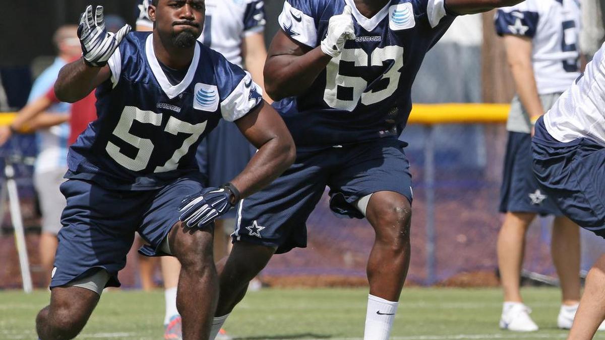 
Dallas Cowboys linebacker Justin Jackson (57) practices Friday before tearing his ACL, costing him his season.
