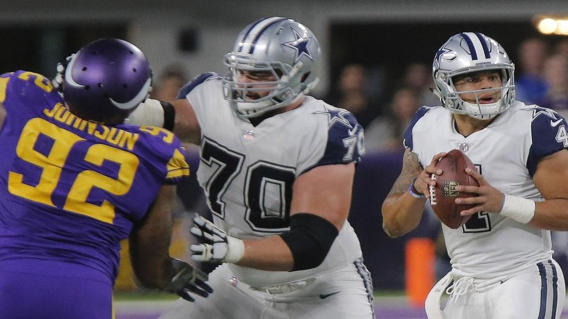 Dallas Cowboys guard Zack Martin has only allowed two sacks this season. It’ll be his job to protect Dak Prescott from Philadelphia’s Fletcher Cox.