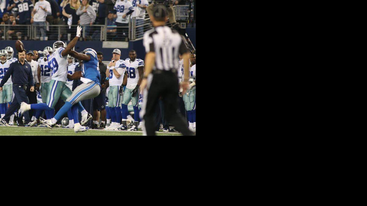 
Cowboys linebacker Anthony Hitchens was originally flagged for pass interference on this play in the fourth quarter against Lions tight end Brandon Pettigrew but the call was reveresed, setting up Dallas’ late game-winning score.
