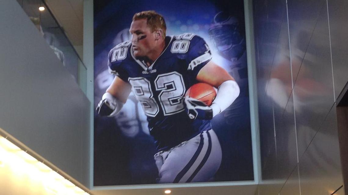 A giant photo of Jason Witten hangs outside of the locker room at the Cowboys’ new training facility on Frisco.