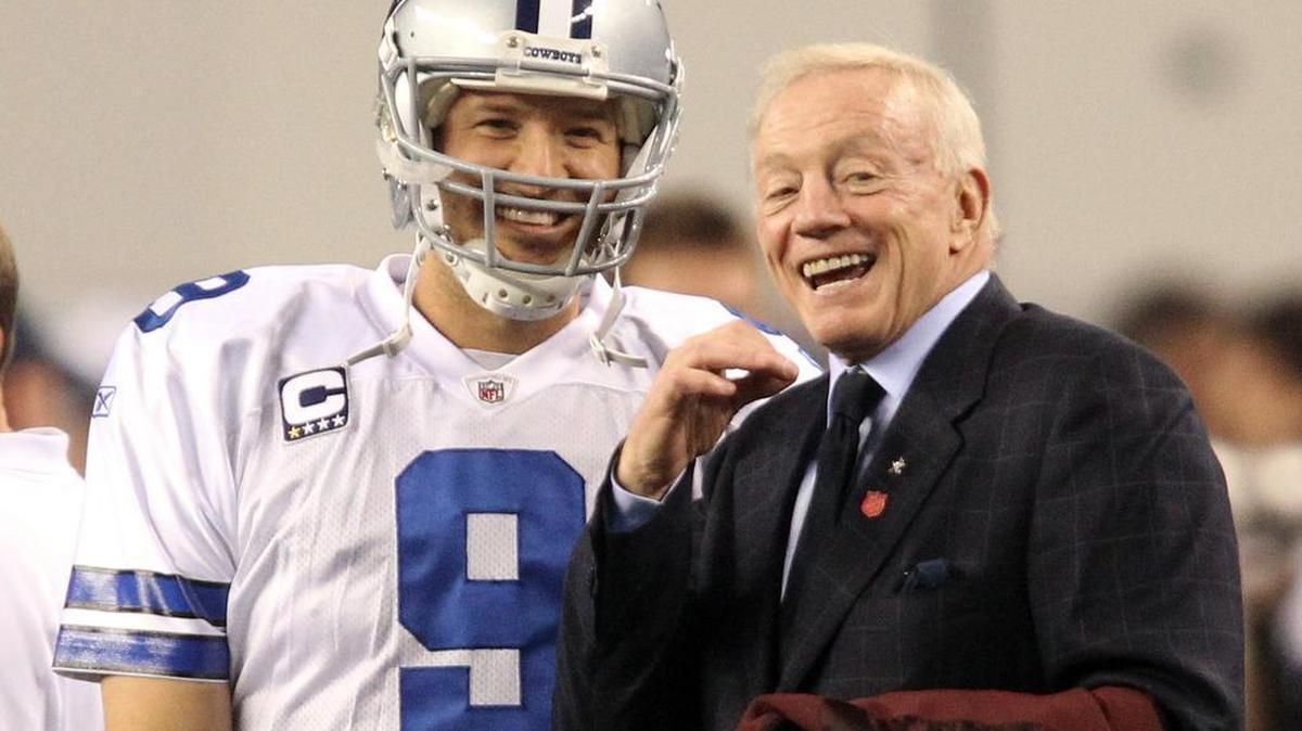 Jerry Jones (right) won’t say what the Cowboys will do about QB Tony Romo’s future.