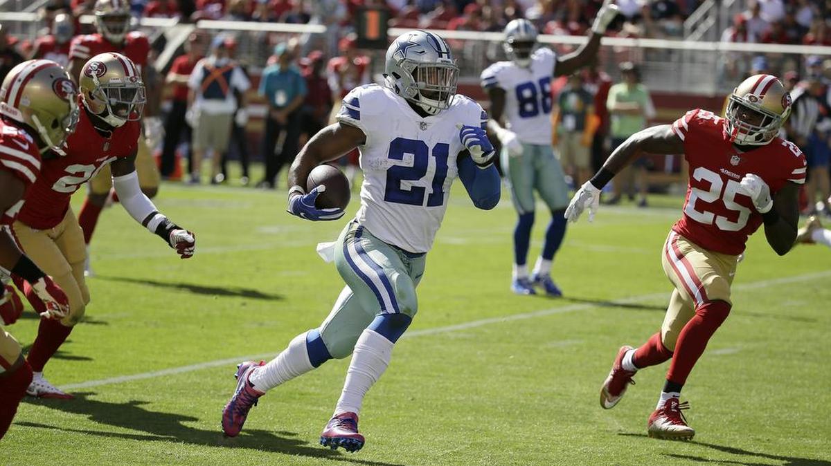 Cowboys running back Ezekiel Elliott ran wild Sunday against the 49ers, racking up 147 yards and two touchdowns on 26 carries.