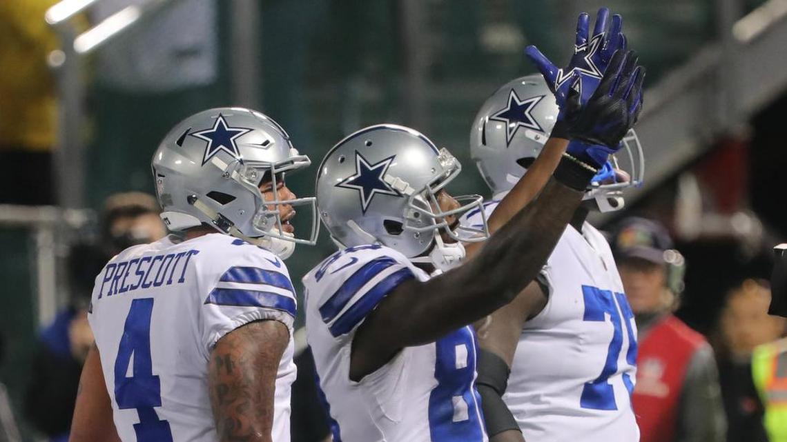 Dallas Cowboys wide receiver Dez Bryant celebrates after quarterback Dak Prescott runs for a touchdown in the third quarter against Oakland.