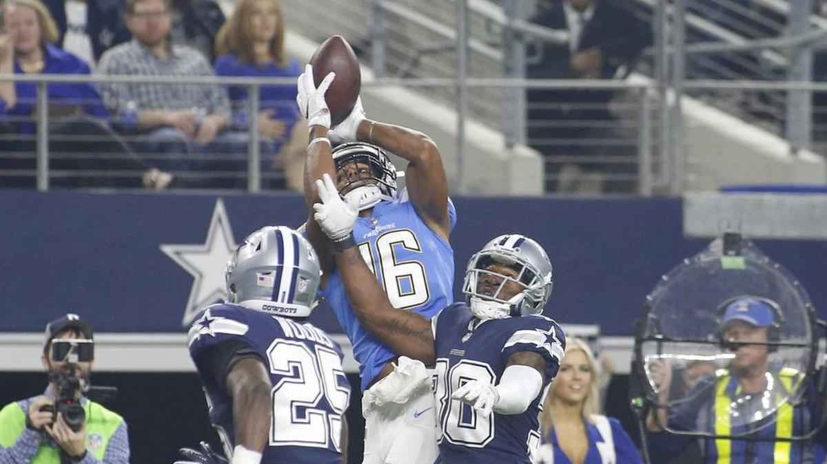 Los Angeles Chargers wide receiver Tyrell Williams makes the touchdown catch in front of Dallas Cowboys cornerback Anthony Brown.
