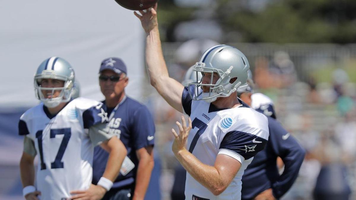 A Cowboys official has said it’s too early to determine if Kellen Moore, left, or Cooper Rush (7) will serve as Dak Prescott’s backup