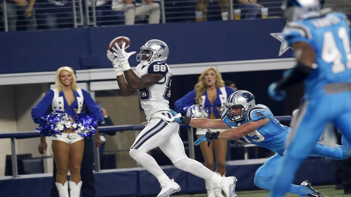 Dallas Cowboys wide receiver Dez Bryant couldn’t keep his feet in bounds to complete this reception against the Carolina Panthers.