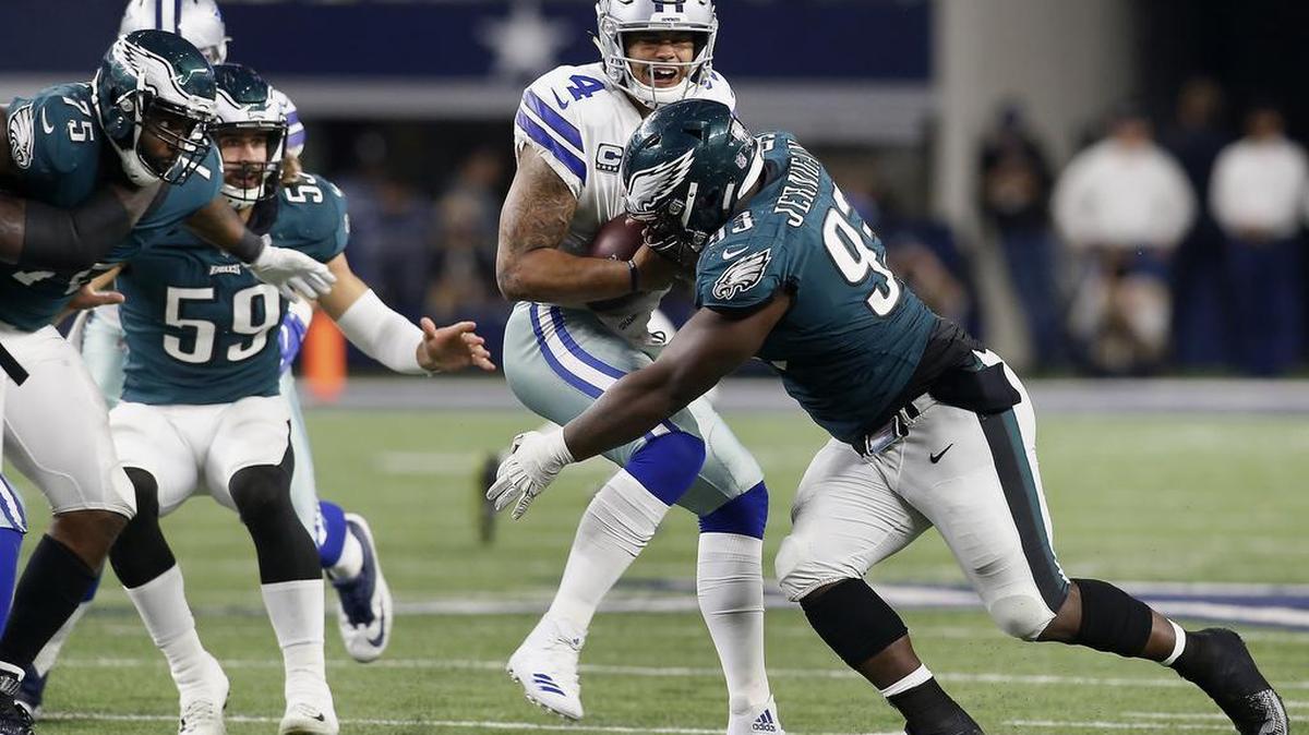 Cowboys quarterback Dak Prescott is sacked by Eagles defensive tackle Tim Jernigan in Sunday’s game at AT&T Stadium.
