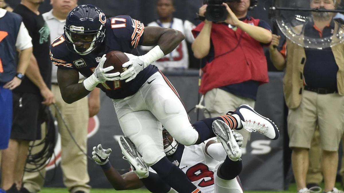 Chicago Bears wide receiver Alshon Jeffery (17) is tackled by Houston Texans free safety Andre Hal (29) on Sept. 11, 2016, in Houston. Jeffery has nine catches for 201 yards this season.