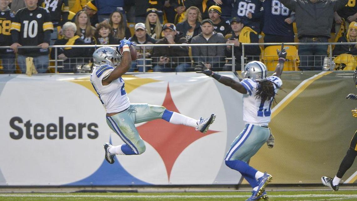 Dallas Cowboys running back Ezekiel Elliott goes airborne to celebrate an 83-yard touchdown on a screen play against Pittsburgh. Elliott had two touchdowns rushing and one receiving.