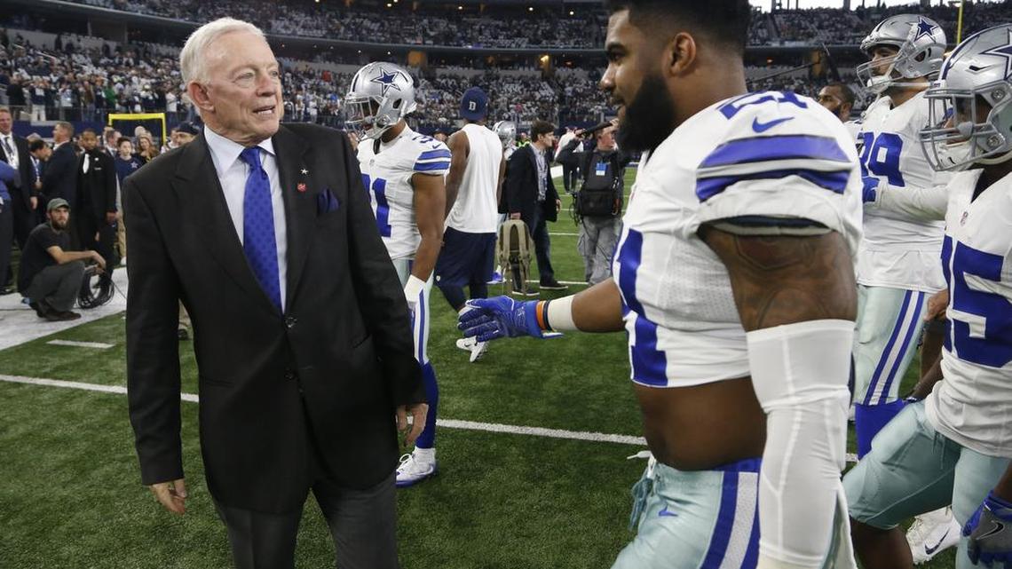 Jerry Jones (left) doesn’t think Ezekiel Elliott will be suspended to start the 2017 season.