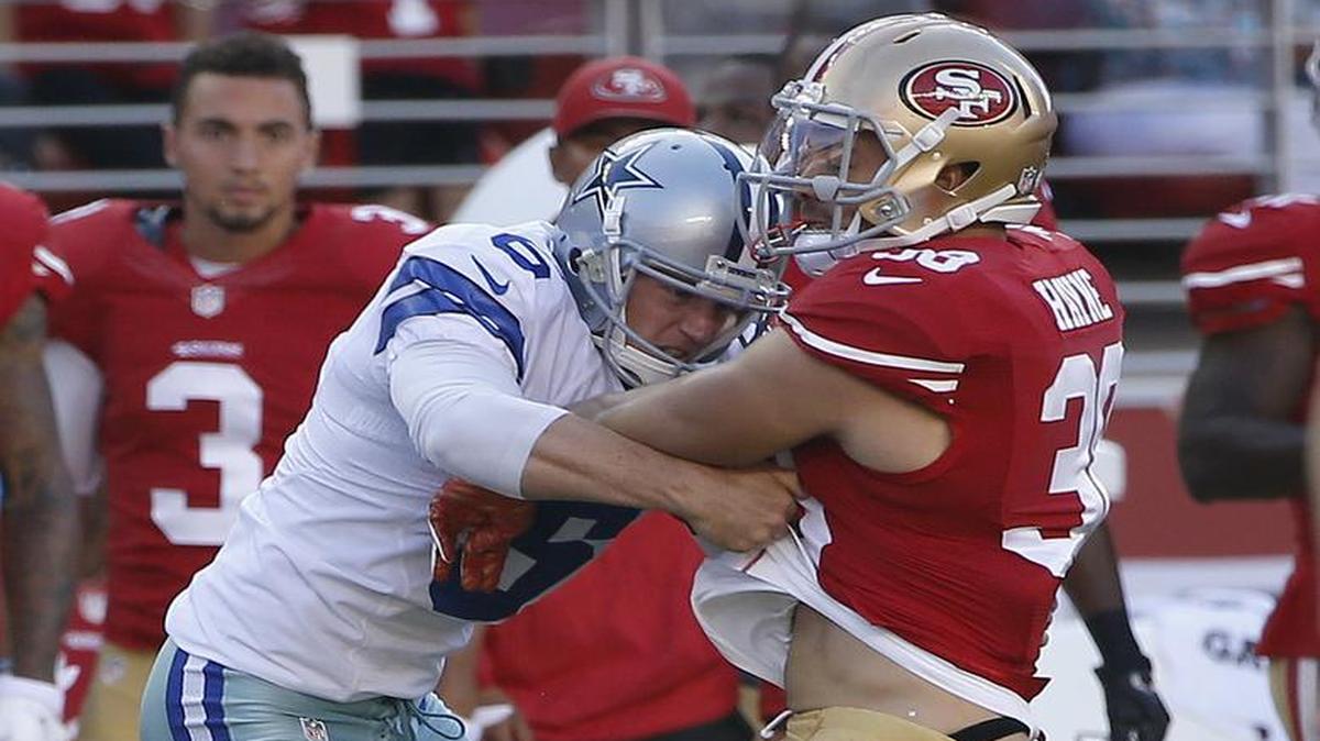 
Cowboys punter Chris Jones put himself in harm’s way, needing to make a touchdown-saving tackle on 49ers punt returner Jarryd Hayne.
