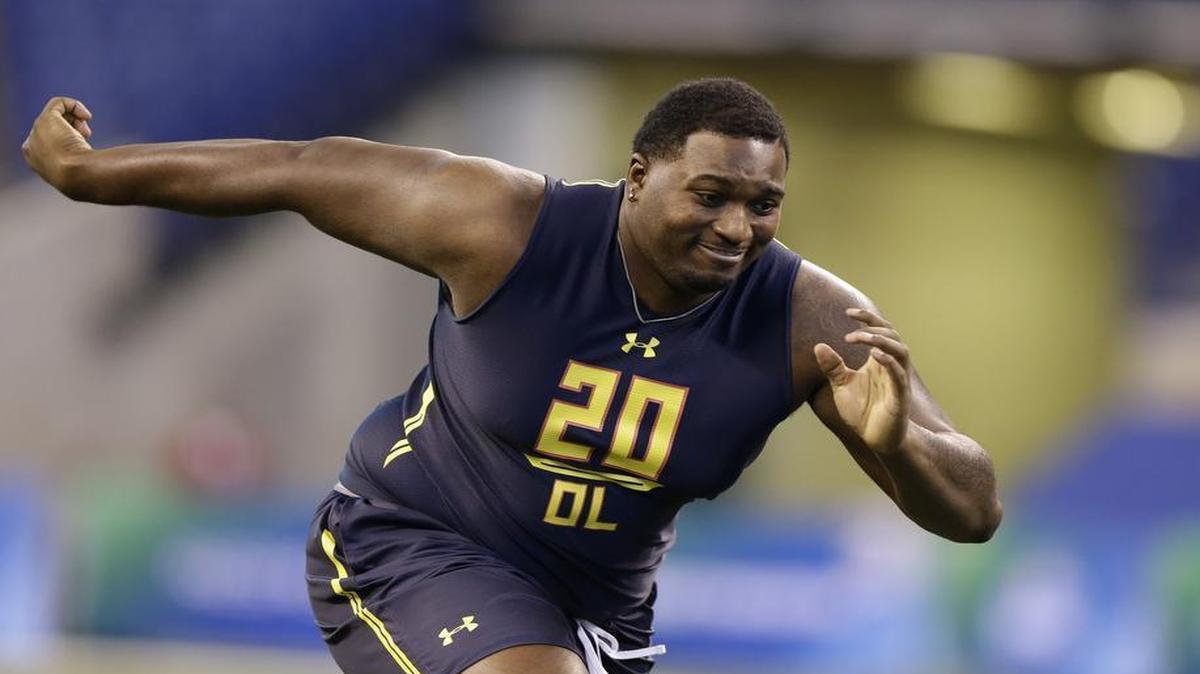 Texas A&M offensive lineman Avery Gennesy runs a drill at the NFL football scouting combine in Indianapolis on March 3, 2017.