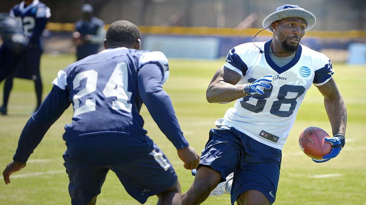 Dallas Cowboys wide receiver Dez Bryant, right, makes a cut as cornerback Morris Claiborne, left, tries to defend during the morning walk-through at Cowboys training camp in Oxnard, CA. Bryant and Claiborne have had heated exchanges throughout training camp as was the case again Tuesday.