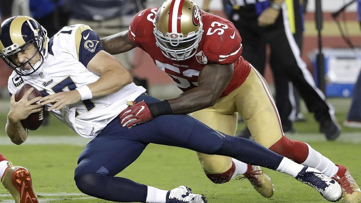 San Francisco linebacker NaVorro Bowman, right, had a team-high nine tackles in the season opener against quarterback Case Keenum and the Los Angeles Rams.