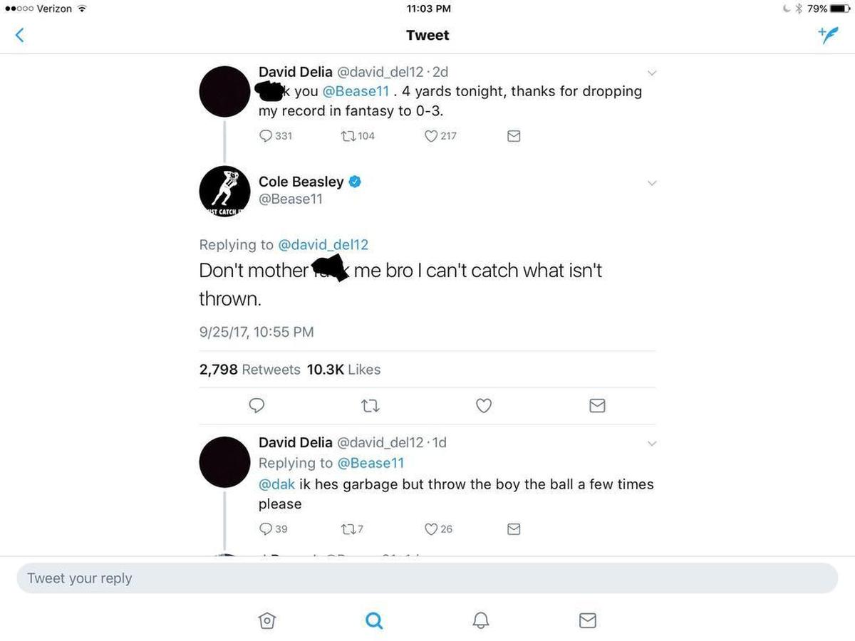 Dallas Cowboys receiver Cole Beasley responded to a social media post on Twitter soon after Monday night’s win against the Arizona Cardinals.