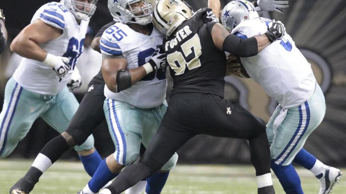 
Ron Leary, shown blocking New Orleans defensive end Glenn Foster last season, expects to face the Saints on Sunday. 
