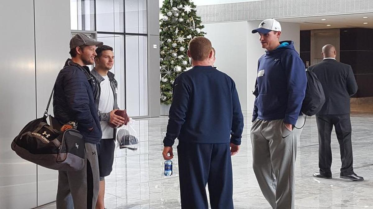 Los Angeles Dodgers ace Clayton Kershaw, left, former Texas Rangers reliever Shawn Tolleson and Kansas City Royals pitcher Chris Young, right, visited with Cowboys coach Jason Garrett, middle, Friday morning at The Star in Frisco.