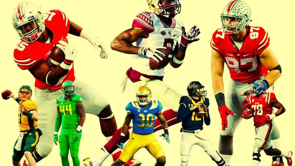 Top, from left: Ezekiel Elliott, Jalen Ramsey and Joey Bosa. Bottom, from left: Carson Wentz, DeForest Buckner, Myles Jack, Jared Goff, Laremy Tunsil