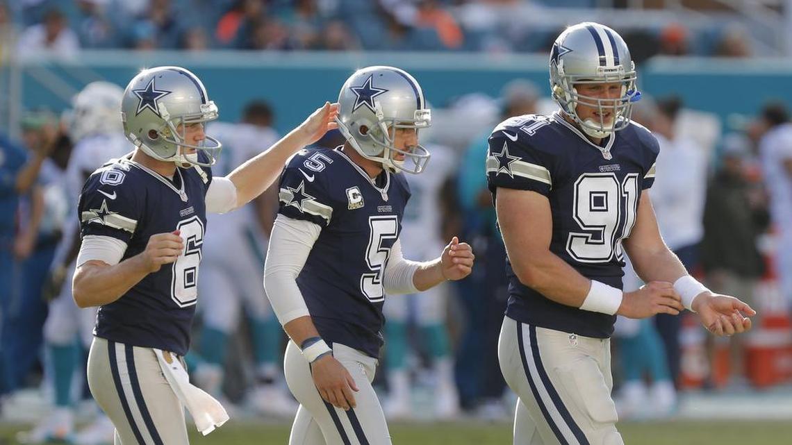 Cowboys kicker Dan Bailey (5) celebrated his Pro Bowl invite with holder/punter Chris Jones (6) and long snapper L.P. Ladouceur (91).