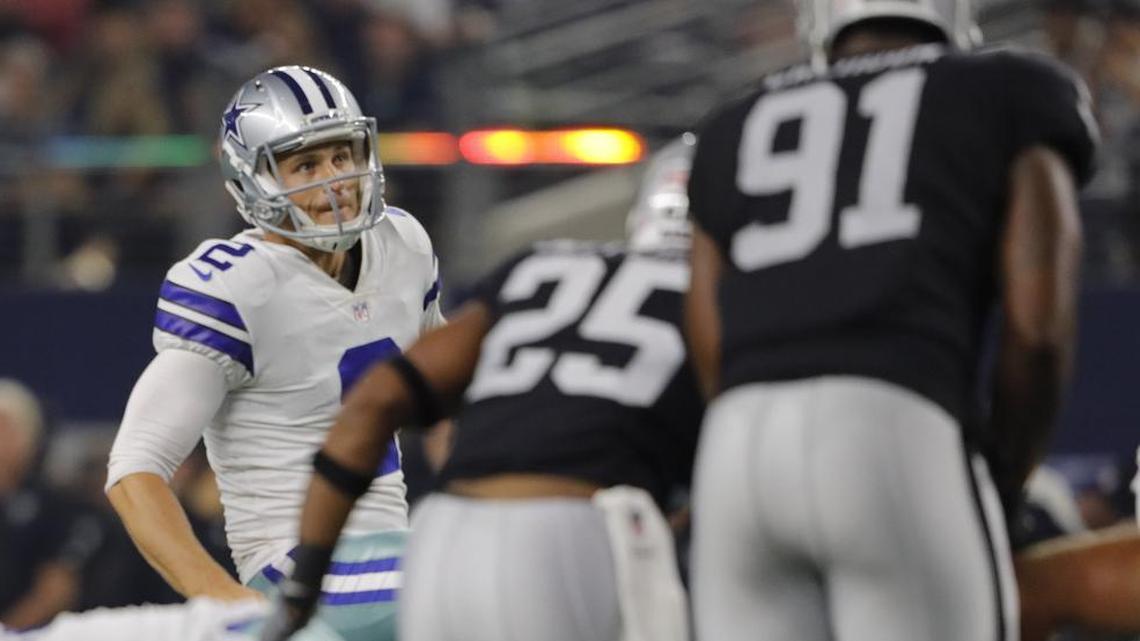 The Cowboys will work out kicker Sam Irwin-Hill, left, who went 7-for-7 on point-after attempts and 2-of-3 on field goal tries in the preseason before being cut.
