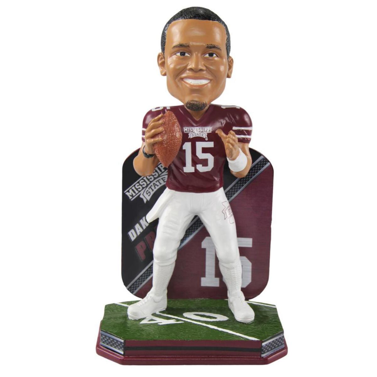 Dallas Cowboys quarterback Dak Prescott in his Mississippi State uniform is one of three new bobbleheads available at the Bobblehead Hall of Fame store.