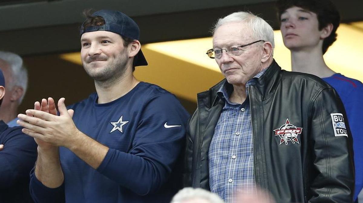 Dallas Cowboys owner Jerry Jones and Tony Romo watch a UIL Class 5A Division I state championship football game between Highland Park and Temple, Saturday, Dec. 17, 2016, in Arlington, Texas. Jones’ grandson John Stephen Jones is the starting quarterback for Highland Park. He wears No. 9.