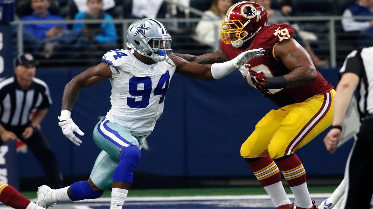 Dallas Cowboys defensive end Randy Gregory, left, faces a one year suspension by the NFL after failing a third drug test. Gregory was suspended the first four games of the season in February and an additional 10 games in September for a second failed drug test.