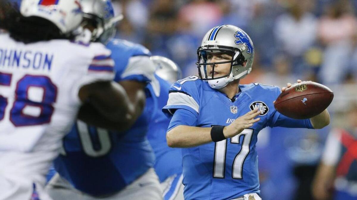 
Detroit Lions quarterback Kellen Moore (17) looks to throw during the first half of an NFL preseason football game against the Buffalo Bills last week.
