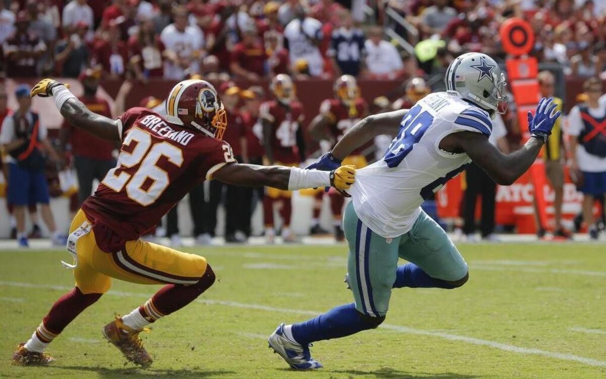 Dez Bryant, right, made things tough on Redskins cornerback Bashaud Breeland as the Cowboys receiver caught seven passes for 102 yards.